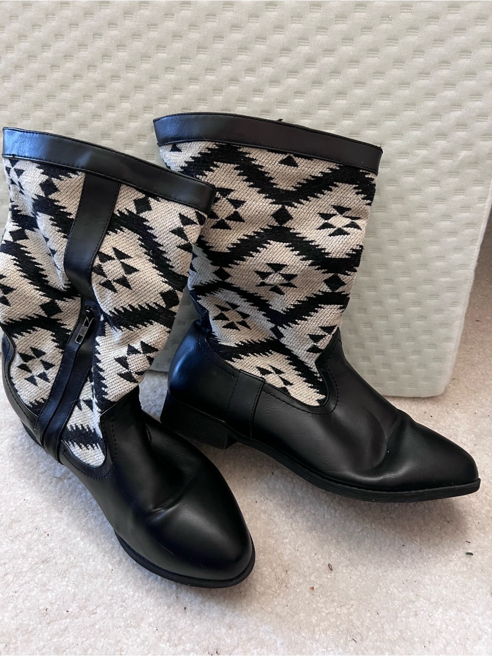 Black and Cream Patterned Mid-Calf Women's Boots